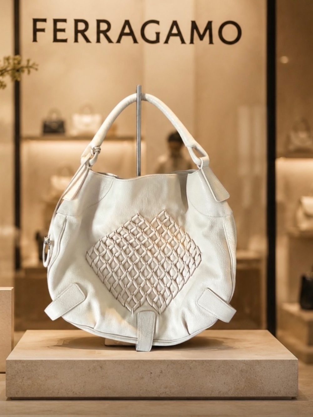 Ferragamo Ivory Leather Woven Hobo Shoulder Bag • Made in Italy • Elegant Timele